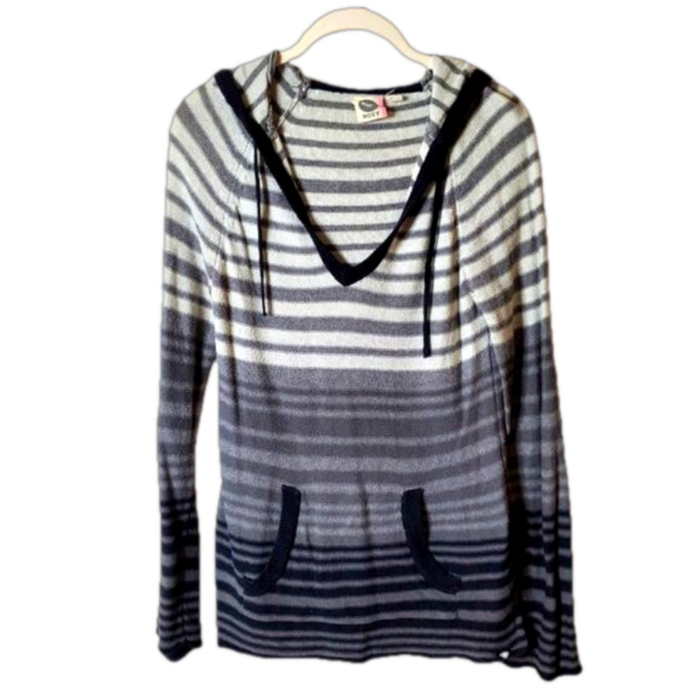 Roxy Striped Hoodie Knit Longline Fitted Lightweight Sweater